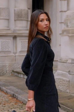 Black Velvet Puff Sleeve Popper Front Midi Dress -Opal & Oak Store 0171385acd1e86878240b6230ffbdd3c27071230