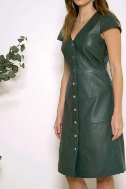 Dark Green Leather V Neck Popper Front Dress -Opal & Oak Store 09bbd7feb13d2fc3f6d2121bb24d2d808601b340