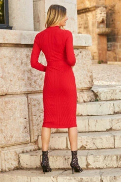 Red Belted Knitted Midi Dress -Opal & Oak Store 10 s22dk009rd 101