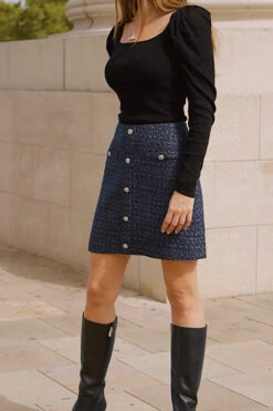 Navy Blue Boucle Button Front A-Line Skirt -Opal & Oak Store 12a7fe3eaeb3ff64ffc1410cda686d6ba6e50d42