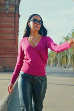 Magenta Faux Wrap Jumper With Diamante Button -Opal & Oak Store 1380711c61e06efef0c7d429317a47d2fe158b6b