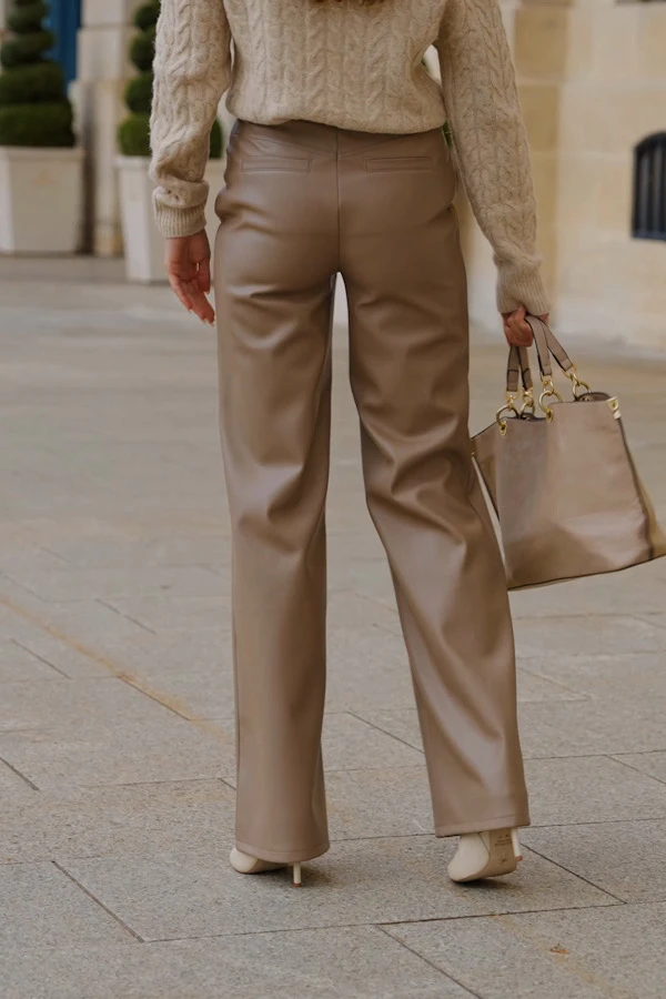 Taupe Faux Leather Wide Leg Trousers 6 Taupe Faux Leather Wide Leg Trousers - Image 6
