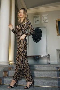 Leopard Print Wrap Front Wide Leg Jumpsuit With Pockets -Opal & Oak Store 16819fe97fd3715933fc6c80112501bb705bb8bb