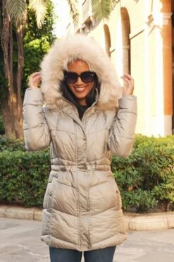Stone Metallic Padded Coat With Fur Hood -Opal & Oak Store 1e3fba7b03304560c1e5568c20dfa501146c1c69