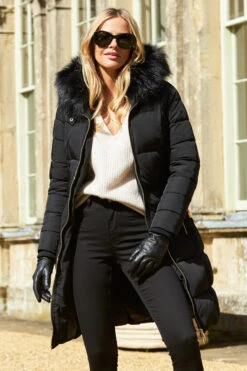 Black Faux Fur Trim Luxe Longline Padded Coat