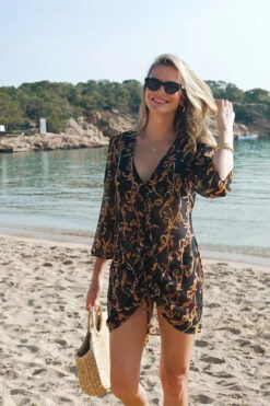 Black & Gold Baroque Print Ruched Front Kaftan -Opal & Oak Store 2514876d0b3151101ba0f22a1c7020696d1a4c7e