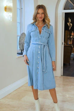 Light Wash Denim Midi Shirt Dress -Opal & Oak Store 2a7625bd2aba2da1a8034f60b05f75de4471d60e