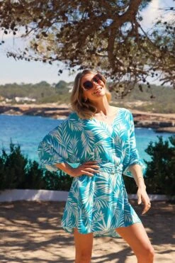 Sky Blue & White Palm Print Tie Waist Beach Dress -Opal & Oak Store 2d5899ba1cf2ed2a50d880267339f436e606850e