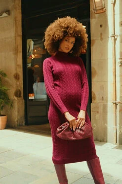 Wine Roll Neck Cable Knit Dress -Opal & Oak Store 349cacaac4d6f20609644f6fcc73fa1b1f02672c