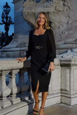 Black Sweetheart Neckline Pencil Dress With Sheer Sleeve Detail -Opal & Oak Store 351e3362c61c9d551de116740d11ca0a3fae91fd