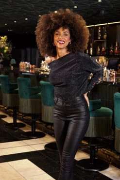 Black Metallic Asymmetric Neck Pearl Cuff Jumper -Opal & Oak Store 3675e547e4f8bc808e1561777259a1f5276ad751