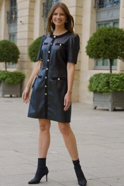 Black Faux Leather Button Front Pocket Detail Shift Dress -Opal & Oak Store 3a32b470b1fef309ff5d768487e71befad51347e