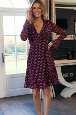 Black & Pink Geometric Print Wrap Front Dress -Opal & Oak Store 3b40c4c5a0837b484f0798c2b7833b38c2a79a9a