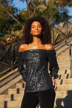 Black Sequin Luxe Bardot Top -Opal & Oak Store 45fd6b3cd167abec0eb97957c75039b9b29692bf