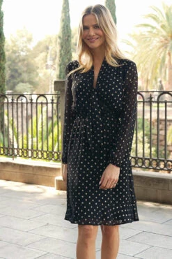 Black & Gold Metallic Spot Print Tie Neck Dress -Opal & Oak Store 49acad7107151cbc6b6b050d0235762ebcbc5ee7