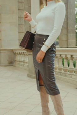 Chocolate Brown Faux Leather Pencil Skirt With Gold Buttons -Opal & Oak Store 4e103a39e34683e7d07d60543f5df7fe00dc6821