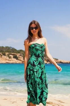 Black & Green Palm Print Ruched Front Bandeau Jersey Dress -Opal & Oak Store 5289f9f75e492eb111d61b979a236e5616f98e35
