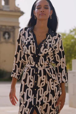 Black Chain Print Contrast Trim Belted Shirt Dress -Opal & Oak Store 537f957af738a88e5b622d686a1d07c28abd5da4