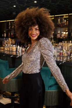 Silver Luxe Sequin Gathered Sleeve Top -Opal & Oak Store 56a669e5bb89d38816a45c657fd3a5c17f0373ce