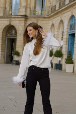 White Premium Satin Feather Cuff Top -Opal & Oak Store 6125c6745ba3fe18dda5c23e244e4f908224bb49
