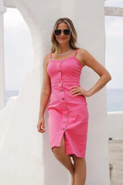 Hot Pink Button Front Denim Dress -Opal & Oak Store 6239f3004418c5544d7d8c700998f0b901530bc8