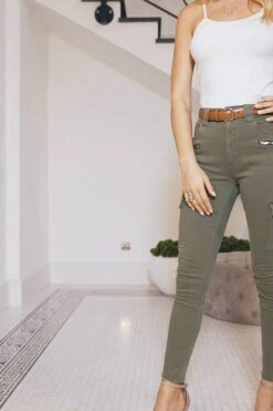 Khaki Green Zip Detail Cargo Skinny Jeans -Opal & Oak Store 64f9bca67fcfa76268814f985774918acd419fa2