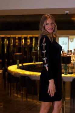 Black Premium Velvet Diamante Bow Sleeve Detail Dress -Opal & Oak Store 67dc30f2aa6ab6b69c92353c1a612d465ab14215