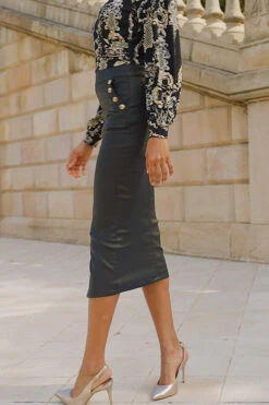 Black Coated Pencil Skirt With Button Detail -Opal & Oak Store 71487f4cedd0ebd3f7110382b686f3a993a11343