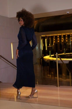 Sapphire Blue Sparkle Plisse Sheer Sleeve Maxi Dress -Opal & Oak Store 72b0501fe0104bed1dfeaca713affe905ac32285