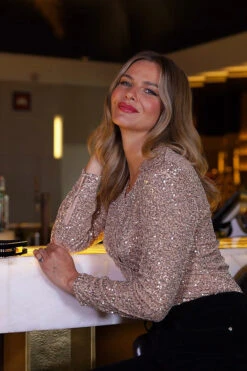 Rose Gold Sequin Ruched Front Shirt -Opal & Oak Store 743fb0020d82da2297043e67b12d5ade02f277d2