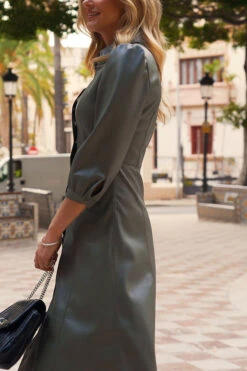 Khaki Green Faux Leather Popper Front Shirt Dress -Opal & Oak Store 76a1407d11f6f91ee5015cdc93789f258951f65c