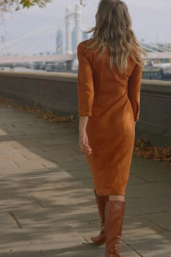 Tan Ruched Front Faux Suede Midi Shirt Dress -Opal & Oak Store 7986f92155b0a4fa2f041175188b04b2af48c630