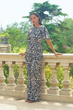 Black & White Mono Print Satin Angel Sleeve Wide Leg Jumpsuit -Opal & Oak Store 799df2a9813f66e59d6be90f8b2ae46c5a964571