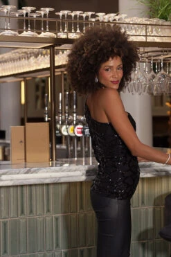 Black Sequin Asymmetrical One Shoulder Top -Opal & Oak Store 7ab4176d77769abd69a93dab61f7de6f49ada745