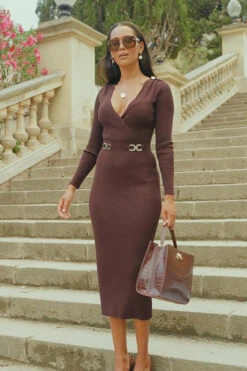 Chocolate Brown Wrap Front Luxe Gold Buckle Knitted Dress -Opal & Oak Store 7c3fa8aa6a8d64e6e6912e43c2accb87dc6c6d8c