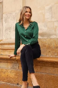 Emerald Green Luxe Satin Shirt With Gold Button Detail -Opal & Oak Store 7e545a0b454cee1710421ec8f527276bea336c4c