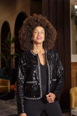 Black Premium Sequin Contrast Trim Jacket -Opal & Oak Store 80af9a150a3880fbf7ceb9b765b3d909710bc877