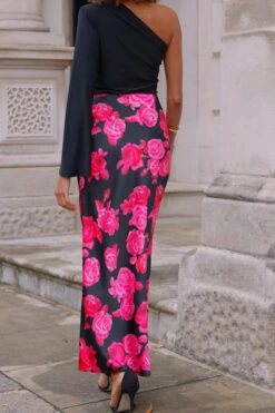 Black Floral Print Ruched Detail Satin Maxi Skirt -Opal & Oak Store 9034cc23d61186f6dd4b16532e6bab287f3e0fb1
