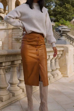 Tan Leather Button Front Midi Skirt -Opal & Oak Store 92c2dfc954c78808e53c8b4d4cc4ce40adb9f993