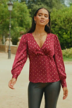Burgundy & Gold Metallic Spot Print Satin Top -Opal & Oak Store 99b19e1bcb8b489c878fc78481b0505b8c35976a