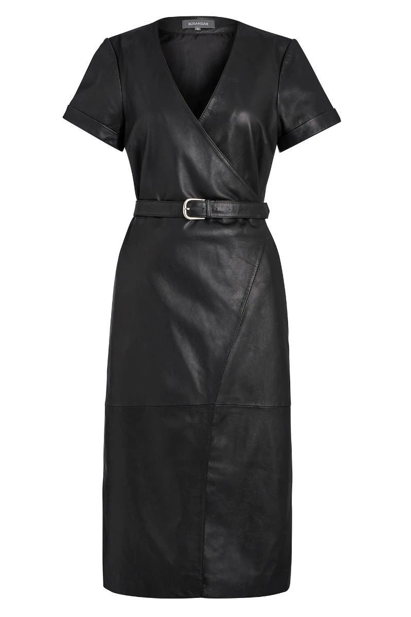 Black Luxury Leather Belted Wrap Dress 8 Black Luxury Leather Belted Wrap Dress - Image 8