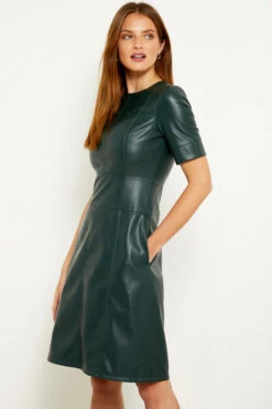 Dark Green Leather Look Panelled Shift Dress -Opal & Oak Store a19dp006gn 11 1