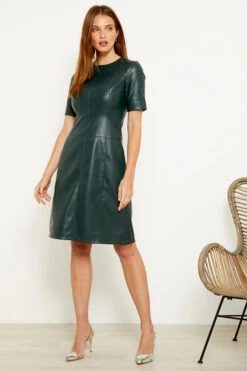 Dark Green Leather Look Panelled Shift Dress -Opal & Oak Store a19dp006gn 2 1