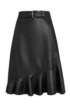 Black Leather Asymmetric Ruffle Hem Skirt -Opal & Oak Store a19sl004 bk0001black leather aline copy