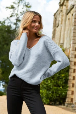 Pale Blue Cable Shoulder V Neck Jumper