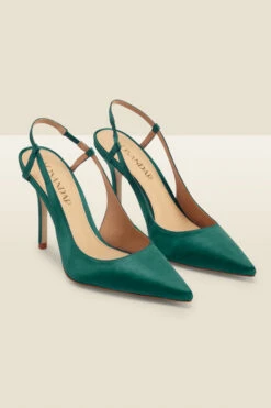 Peyton Dark Green Satin Flared Heel Pointed Toe Slingback Court