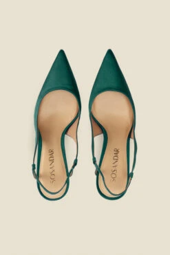 Peyton Dark Green Satin Flared Heel Pointed Toe Slingback Court -Opal & Oak Store a22fw037gn c