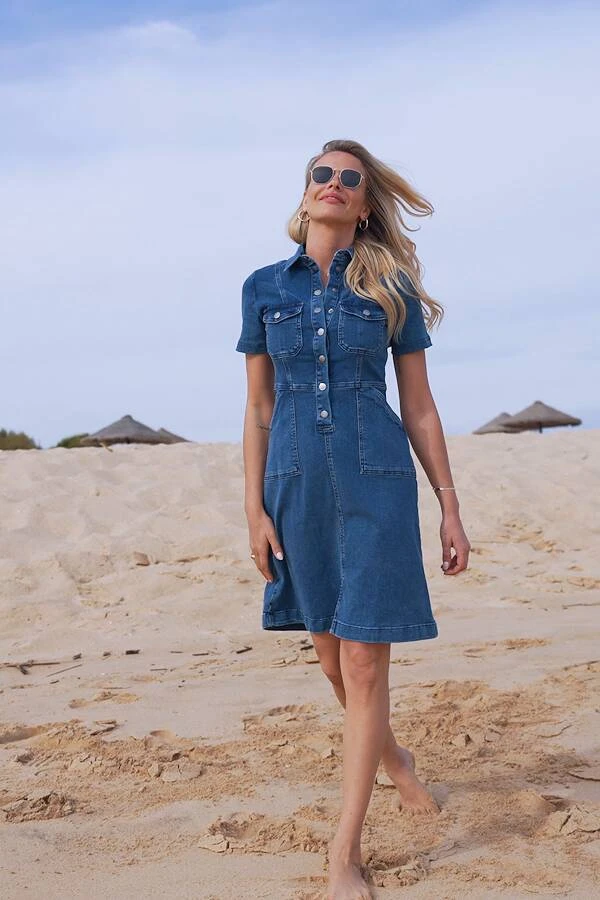 Indigo Blue Popper Front Short Sleeve Stretch Denim Dress 7 Indigo Blue Popper Front Short Sleeve Stretch Denim Dress - Image 7