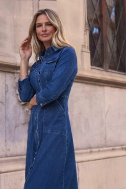 Mid Blue Popper Front Denim Midi Dress With Pockets -Opal & Oak Store b4a65496dfcf8cf12e370fbafbd08bed282da95e