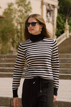 Black & Cream Stripe Print Roll Neck Gold Zip Detail Jumper -Opal & Oak Store b6e589550a4f786b0bf21fd78841cda3dada14cd